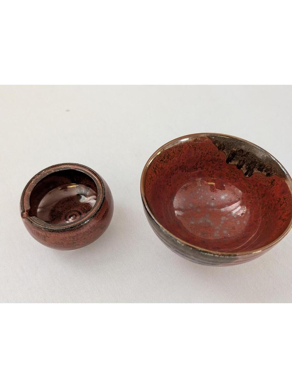 Set of Two Ceramic Bowls Prep Sushi with Brown and Red Glaze